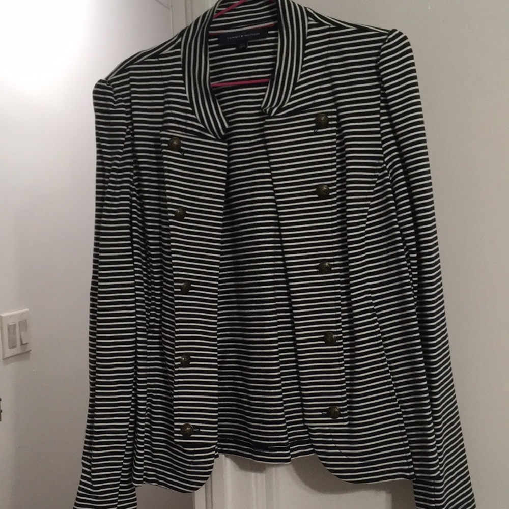 Tommy Hilfiger Open Front Cotton Navy Blue White Striped Military Blazer Jacket